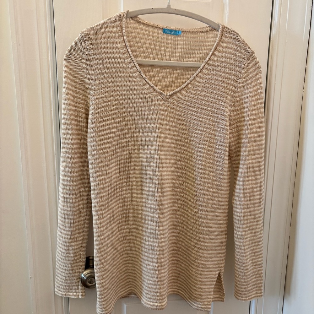 J. McLaughlin Oat Stripes Cotton Blend Net Effect V-Neck Sweater size S Coastal